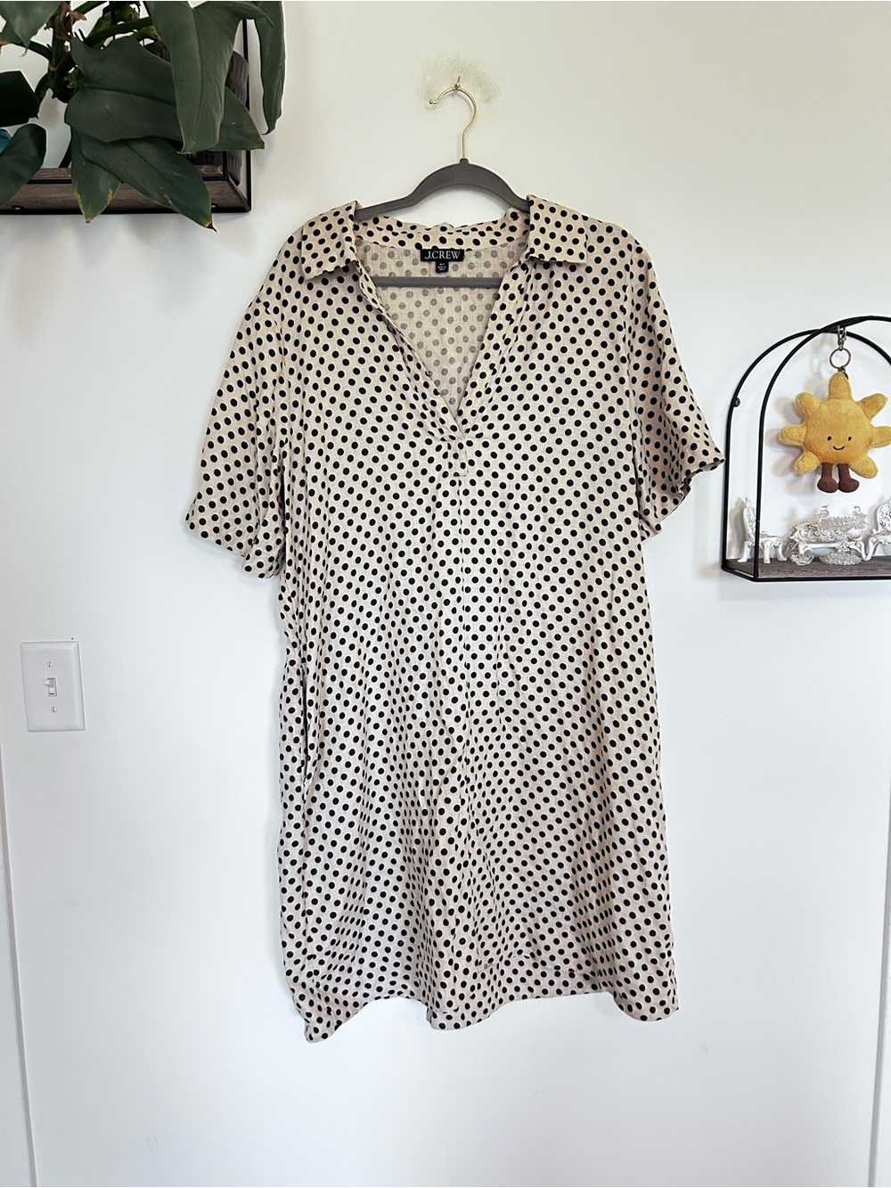 J.Crew 100% Linen Polka Dot Popover Short Sleeve Mid Length Dress Size XL Tall